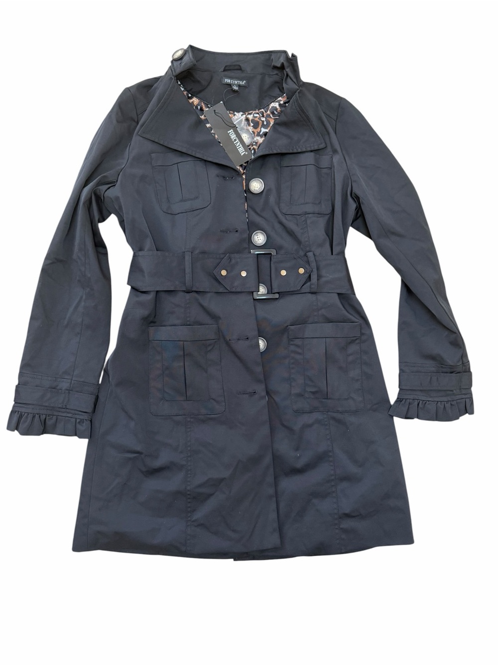 For Cynthia Black Trench Coat with Leopard-Print Lining